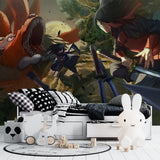 Anime battle scene wallpaper bringing energy to a modern gaming room setup with LED lighting
