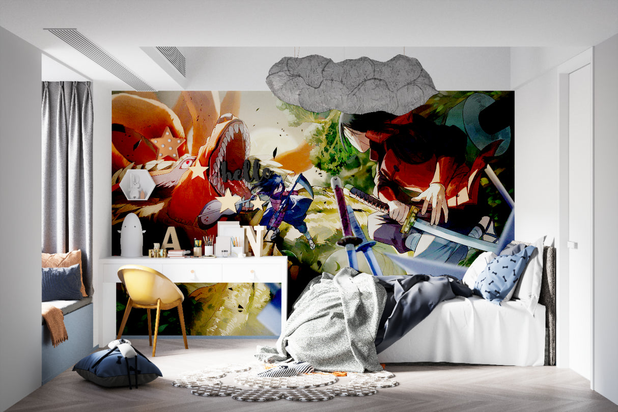 Dynamic anime mural displayed in a teen bedroom, showing the scale of the epic battle scene