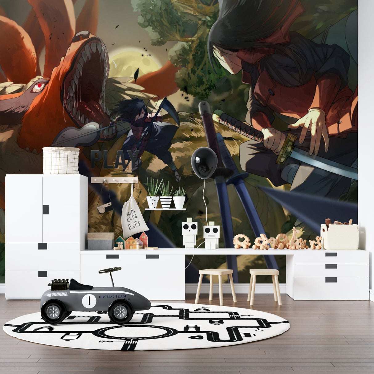 Manga-inspired wall mural creating impact in a collector's display room