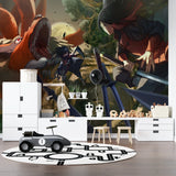 Manga-inspired wall mural creating impact in a collector's display room