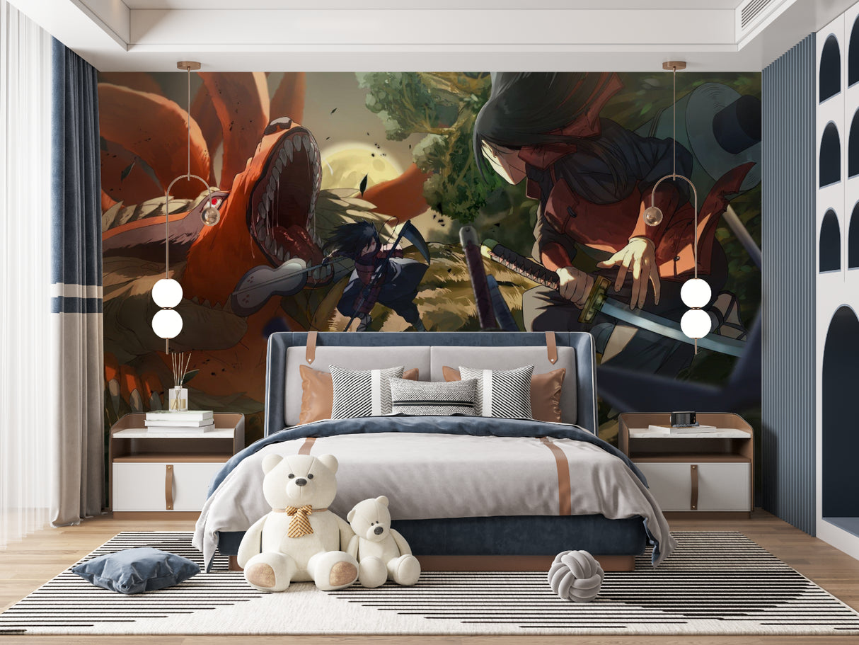Japanese anime mural showcased in an entertainment room setting