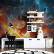 Epic anime space battle mural in modern gaming room setup with LED lighting