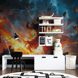 Epic anime space battle mural in modern gaming room setup with LED lighting