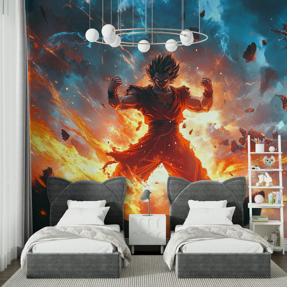 Space battle mural bringing energy to contemporary living room