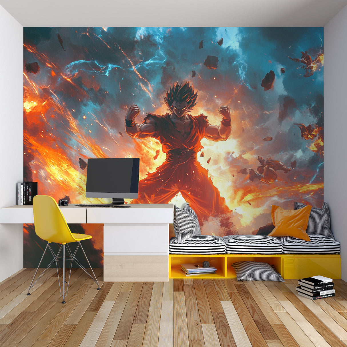 Cosmic anime wallpaper installed in stylish entertainment room