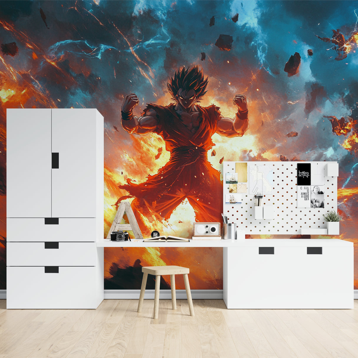 Anime space mural showcased in modern home office setup