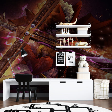 Purple and gold Anime Warrior mural wallpaper creating dramatic impact in modern gaming room