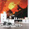 Anime battle wallpaper in modern gaming room showing dramatic warrior silhouettes against orange sunset