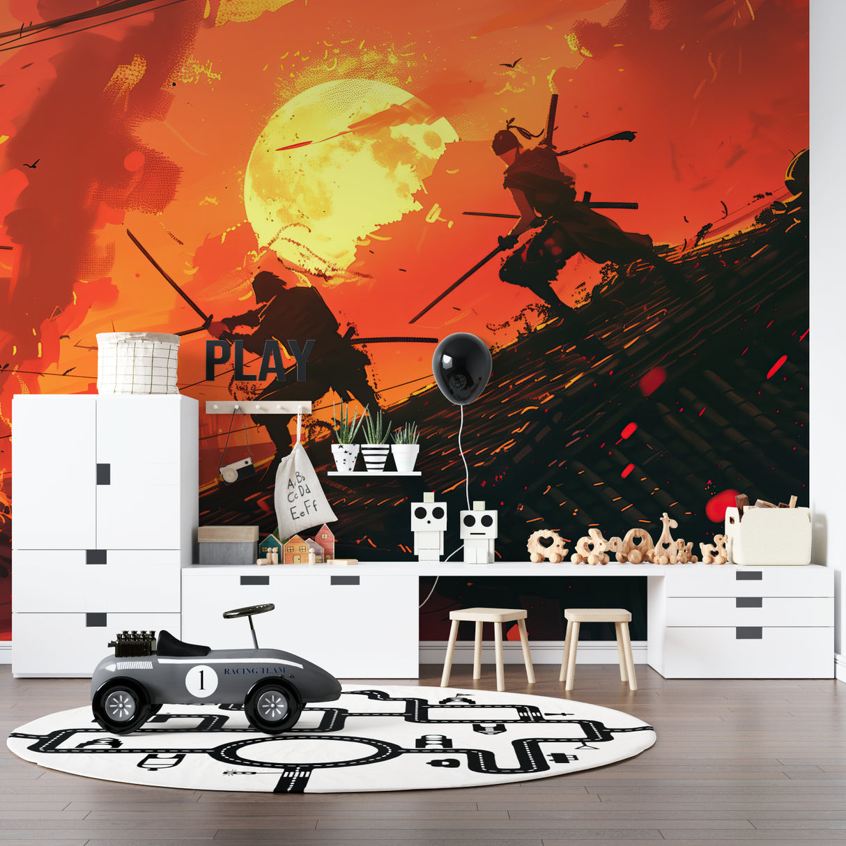 Anime battle wallpaper in modern gaming room showing dramatic warrior silhouettes against orange sunset