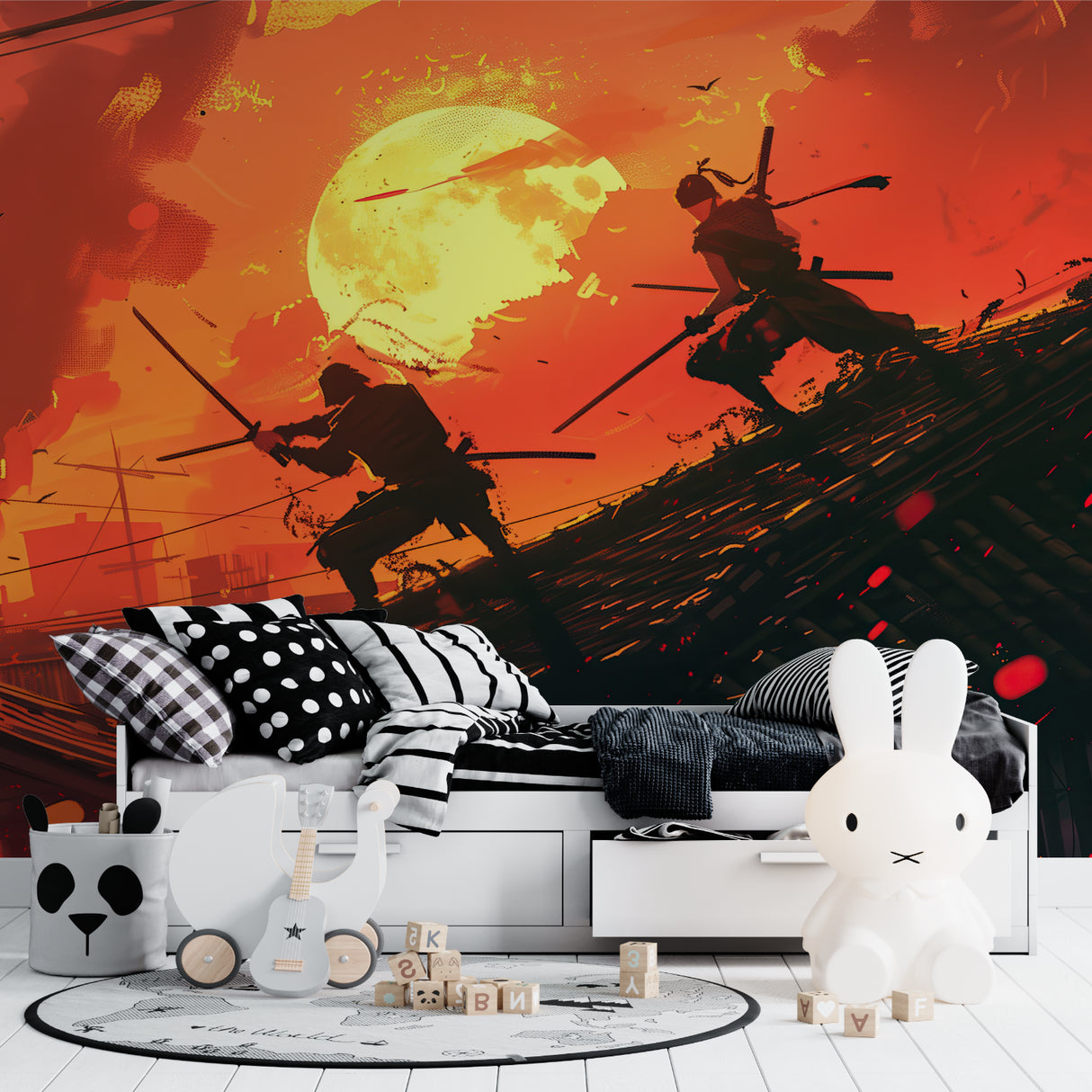 Japanese warrior mural creating bold impact in teen bedroom with dramatic lighting