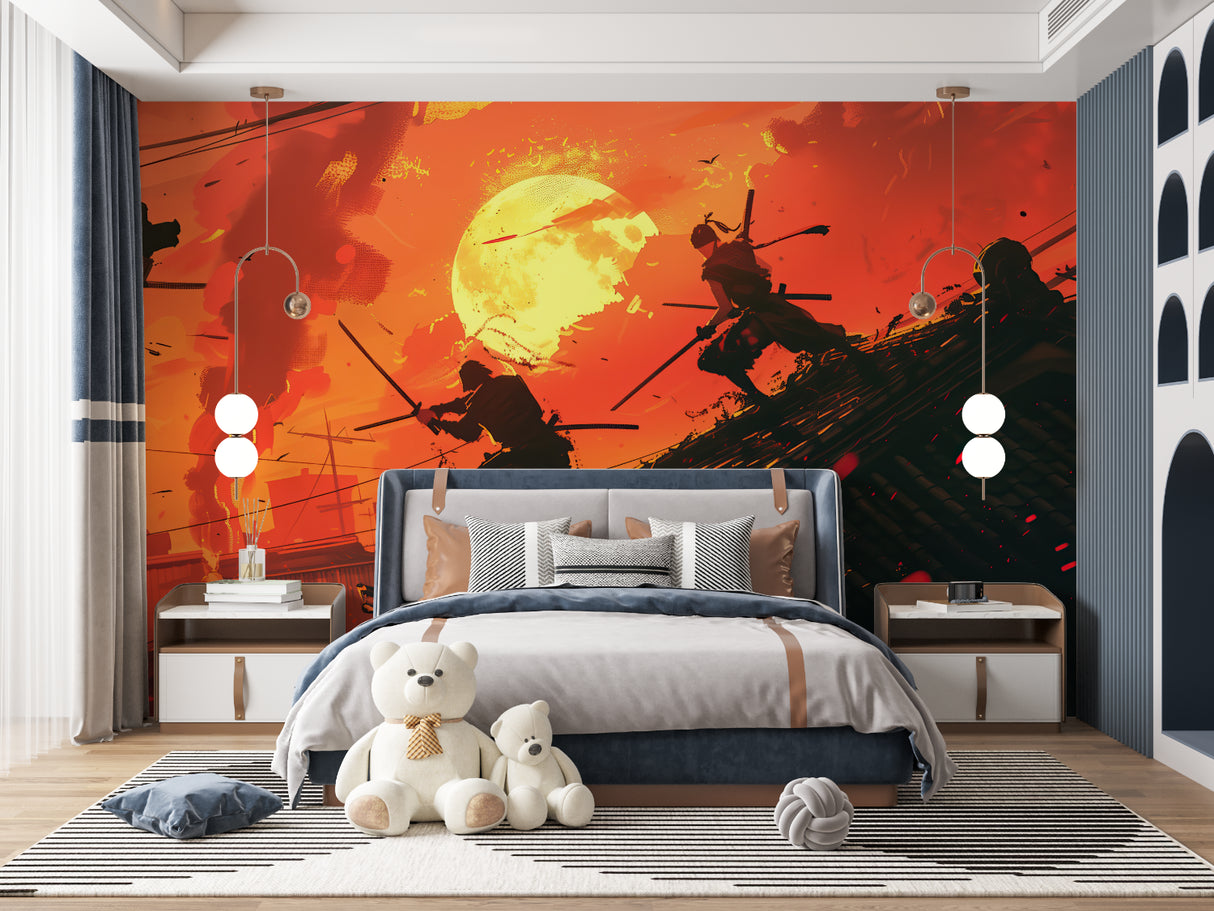 Anime battle scene wallpaper bringing energy to entertainment room with sunset colors