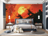 Anime battle scene wallpaper bringing energy to entertainment room with sunset colors