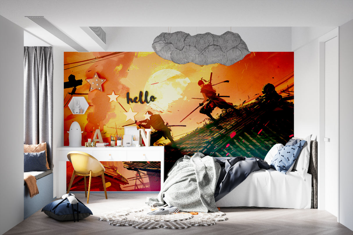 Japanese warriors wallpaper making statement in home office with golden hues