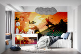 Japanese warriors wallpaper making statement in home office with golden hues