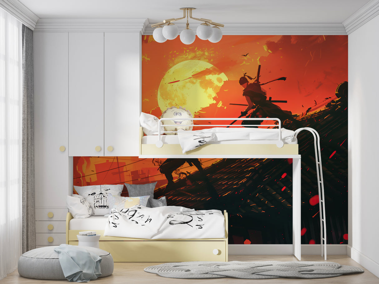 Anime warrior mural transforming living room wall with dramatic sunset scene