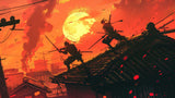 Design file of Japanese anime warriors in epic battle pose against blazing sunset background