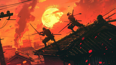 Design file of Japanese anime warriors in epic battle pose against blazing sunset background