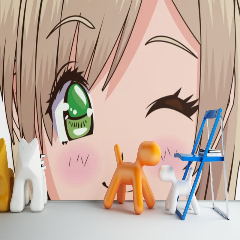 Anime wallpaper mural with green-eyed character displayed in a modern teen bedroom, creating a Japanese manga atmosphere