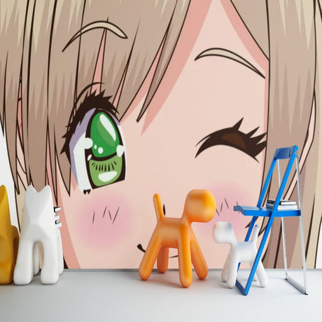 Anime wallpaper mural with green-eyed character displayed in a modern teen bedroom, creating a Japanese manga atmosphere