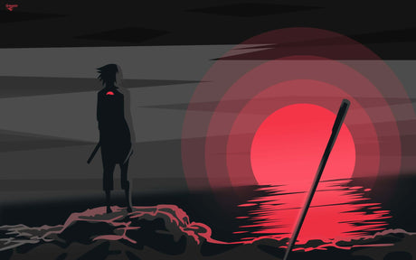 Design file showing detailed Japanese samurai silhouette pattern with red sun motif