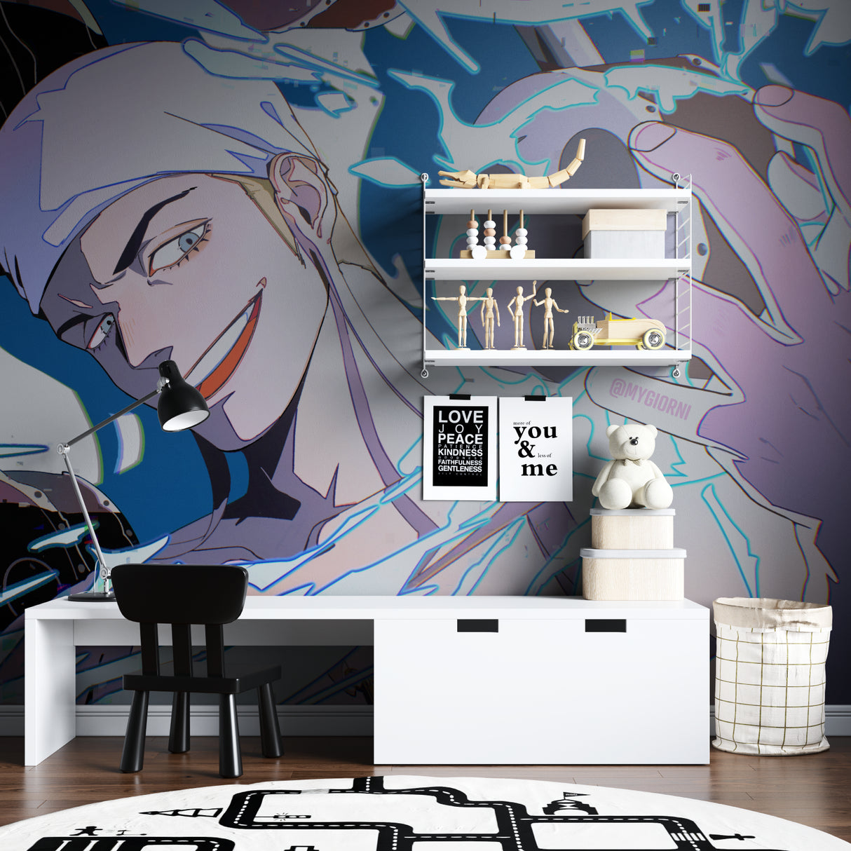 Modern Anime Wallpaper showcased in a teen bedroom with gaming setup, blue and purple tones creating perfect ambiance