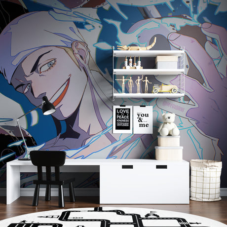 Modern Anime Wallpaper showcased in a teen bedroom with gaming setup, blue and purple tones creating perfect ambiance