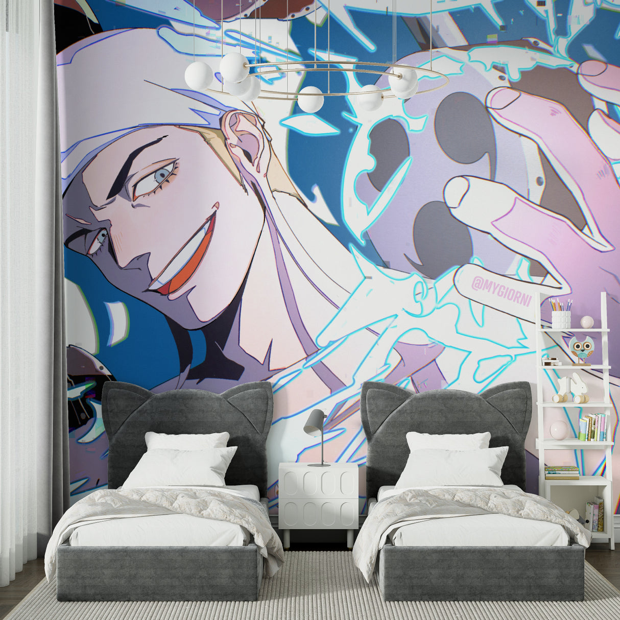 Anime Wall Mural in a stylish living room, manga art design adding contemporary flair