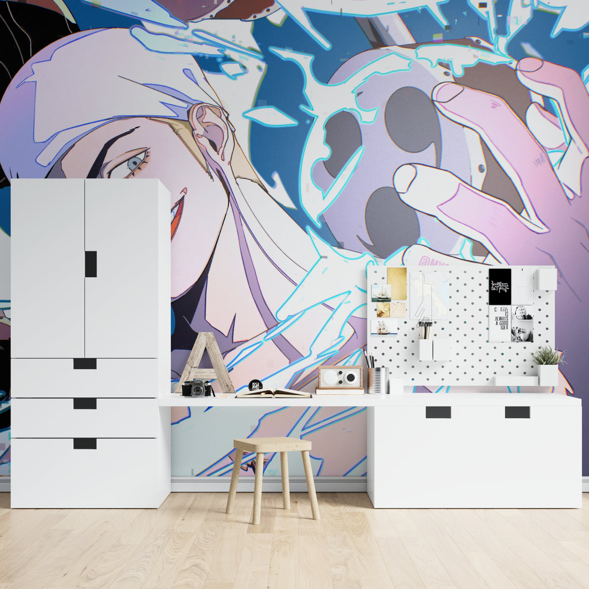 Japanese Anime Wallpaper displayed in a modern home office, showing versatile style application
