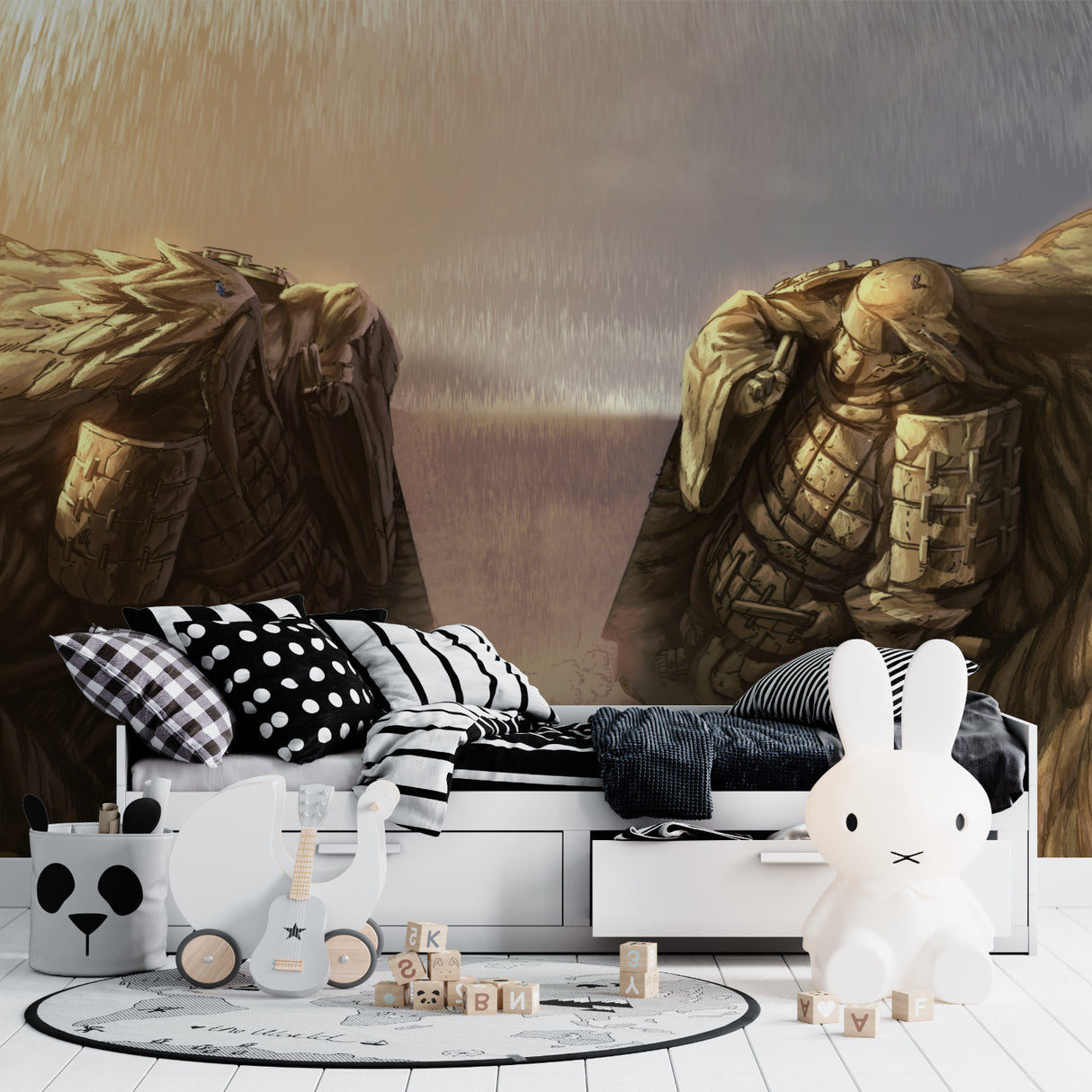 Anime warrior mural wallpaper creating drama in a modern gaming room with ambient lighting
