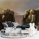 Anime warrior mural wallpaper creating drama in a modern gaming room with ambient lighting