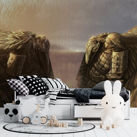 Anime warrior mural wallpaper creating drama in a modern gaming room with ambient lighting
