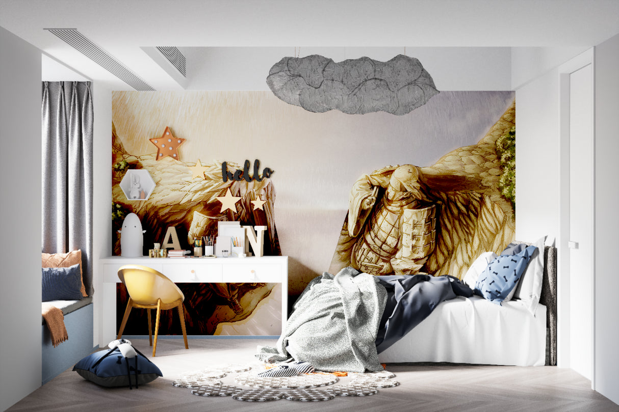 Stone warrior anime wallpaper transforming a teen bedroom with golden accents