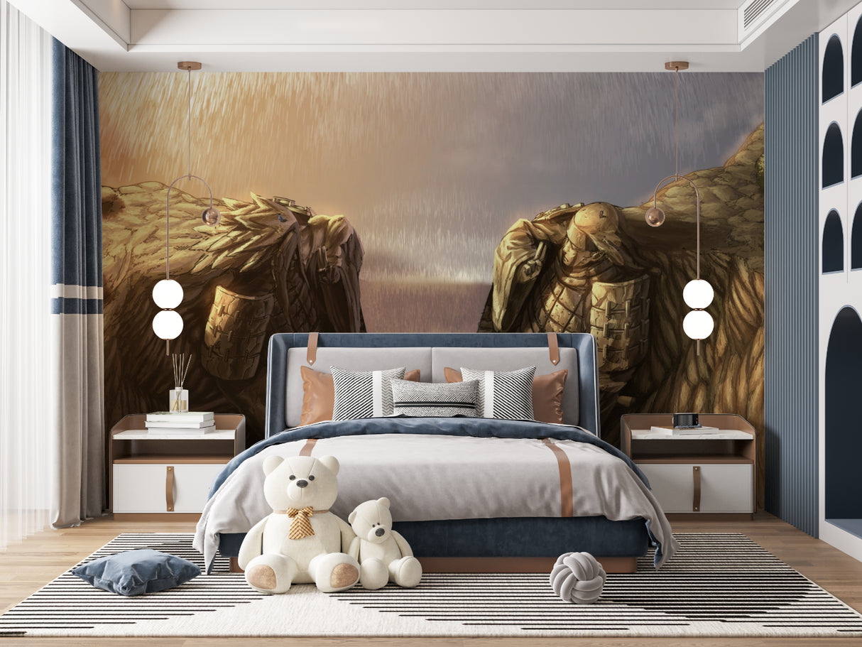 Japanese anime mural adding depth to a minimalist living room space