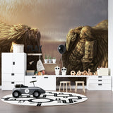 Stone warrior wallpaper creating impact in a modern entertainment room