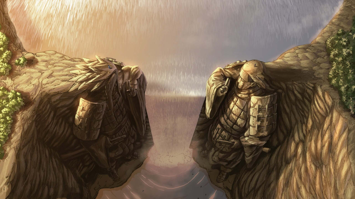 Design file showing detailed anime stone warriors against golden valley background