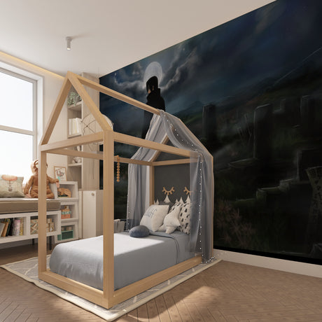 Anime warrior wallpaper in modern gaming room with LED lighting setup creating epic atmosphere