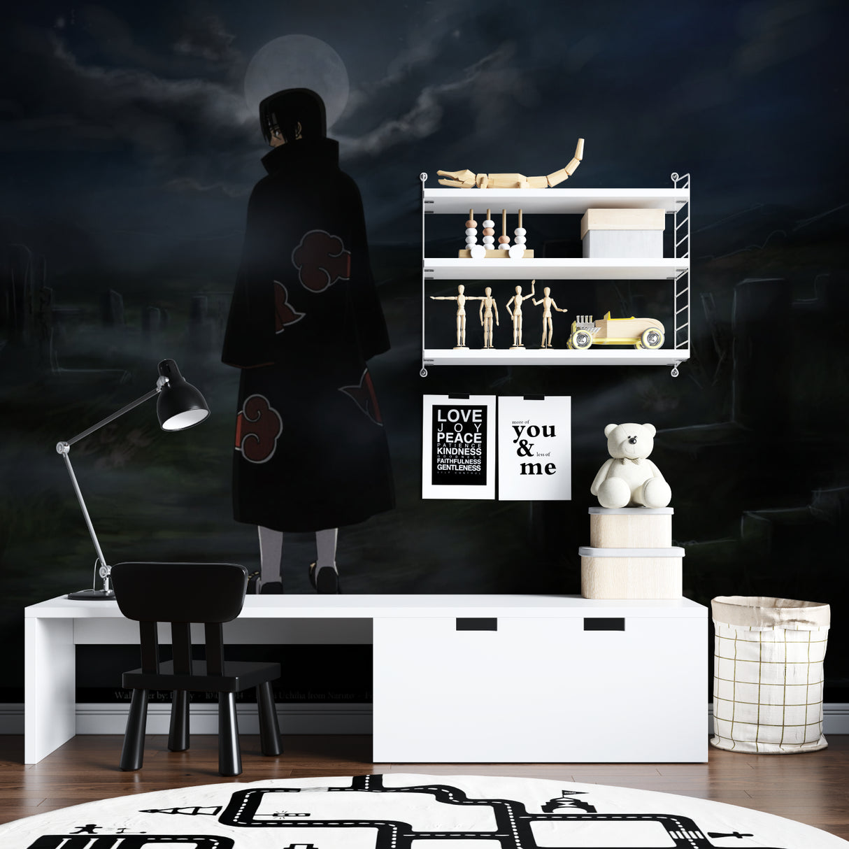 Moonlit anime mural in teen bedroom showing dramatic night scene effect