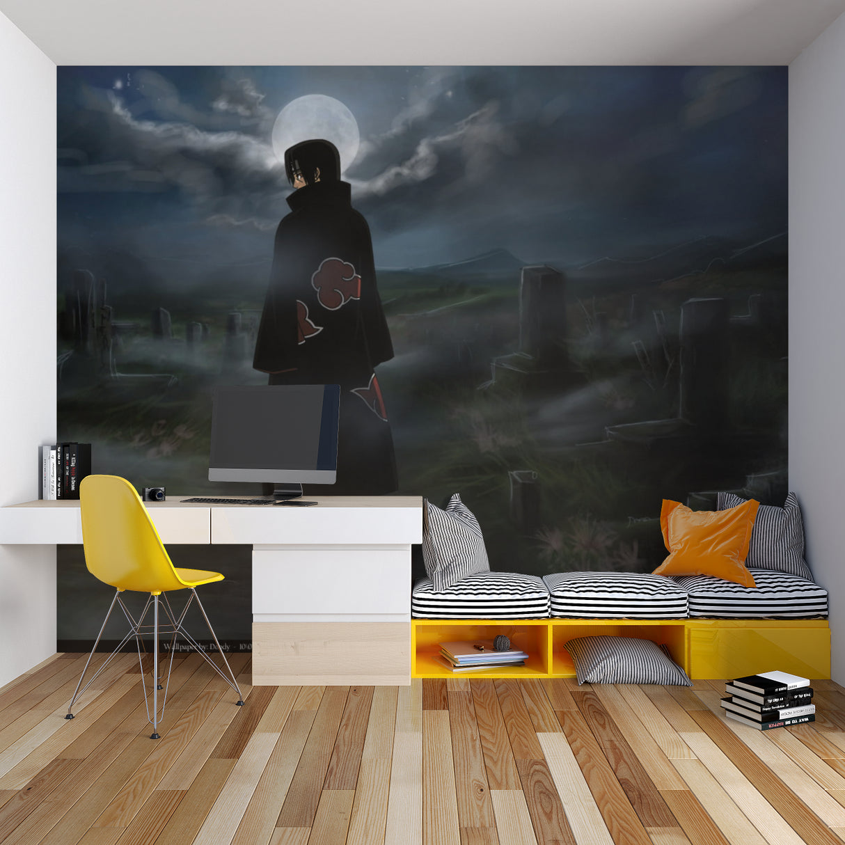Anime wallpaper installed in minimalist home office showing scale and impact