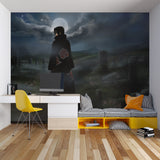 Anime wallpaper installed in minimalist home office showing scale and impact