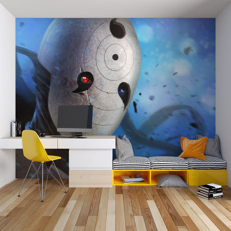 Anime masked character wallpaper in modern gaming room setup with LED lighting effects