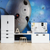 Mysterious anime mask mural in teen bedroom showing scale and impact
