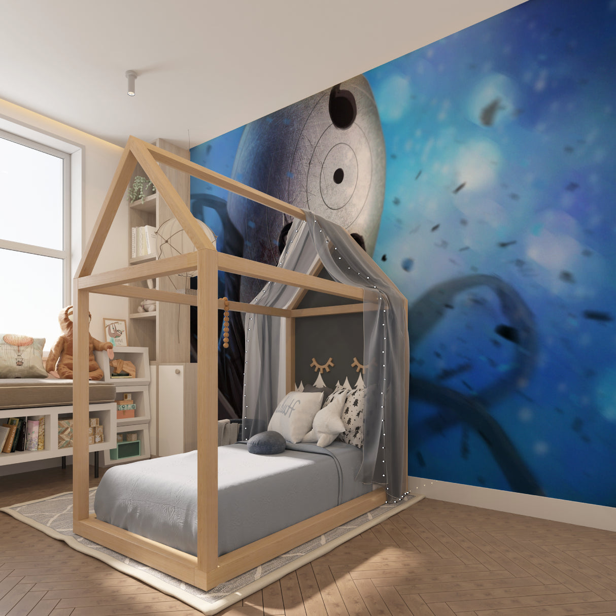 Anime wall mural in entertainment room with gaming setup and ambient lighting