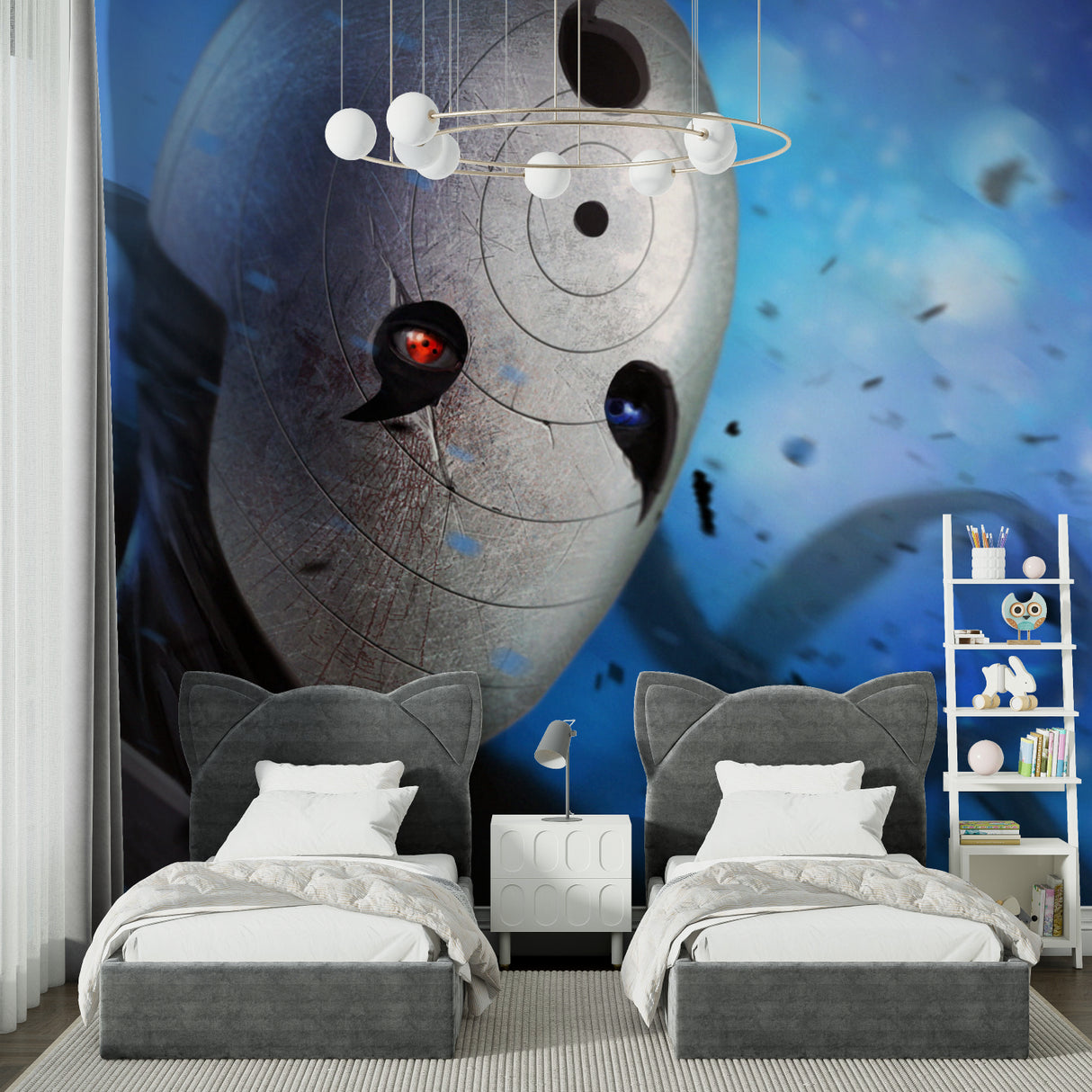 Masked character anime wallpaper in modern apartment living room