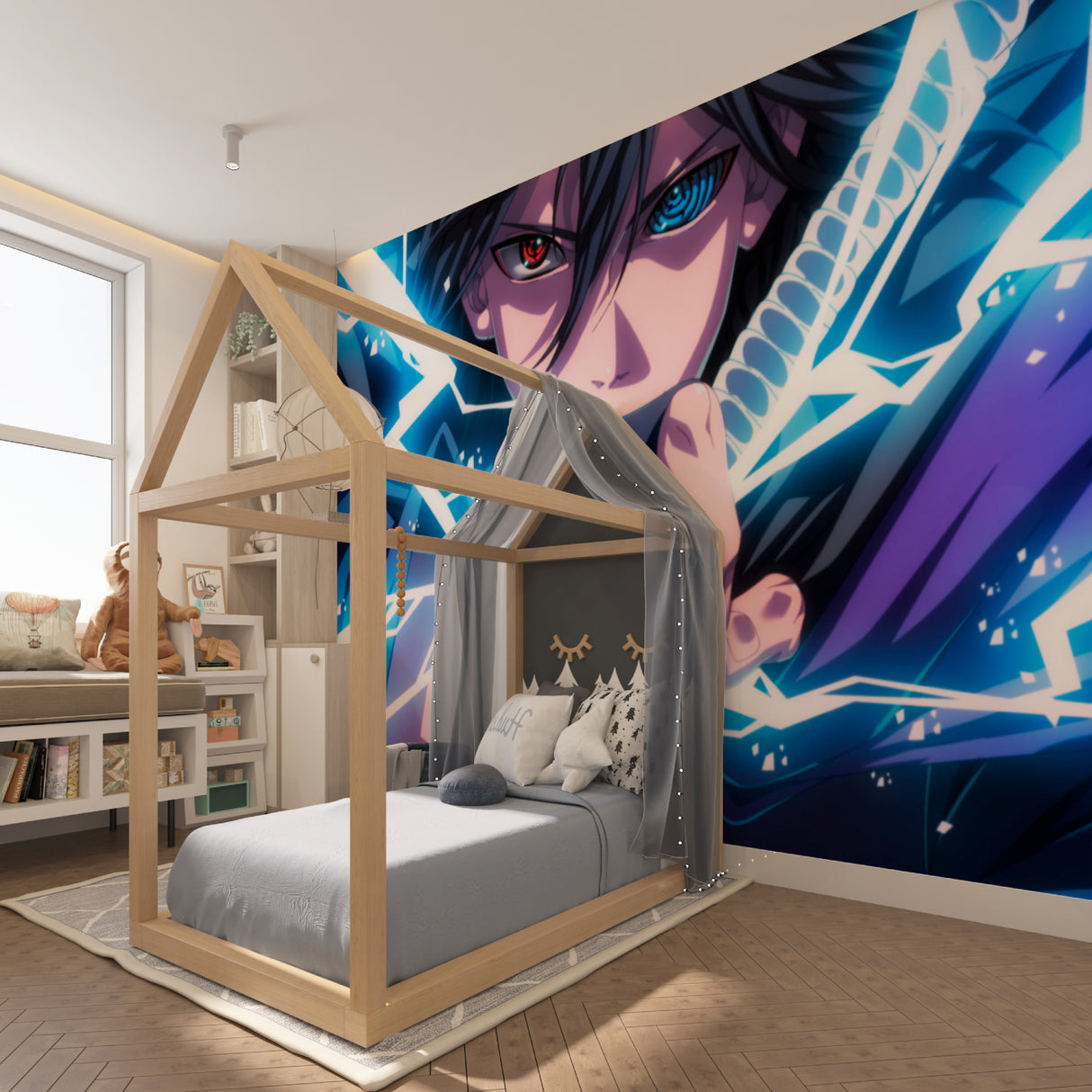 Anime warrior wallpaper with blue lightning effects making a teen bedroom look like a movie scene