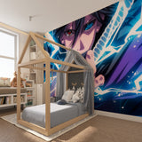 Anime warrior wallpaper with blue lightning effects making a teen bedroom look like a movie scene