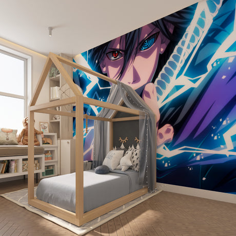 Anime warrior wallpaper with blue lightning effects making a teen bedroom look like a movie scene