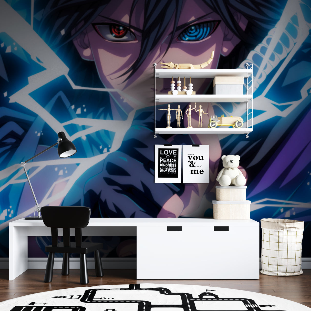 Manga style warrior wallpaper creating drama in a contemporary living room