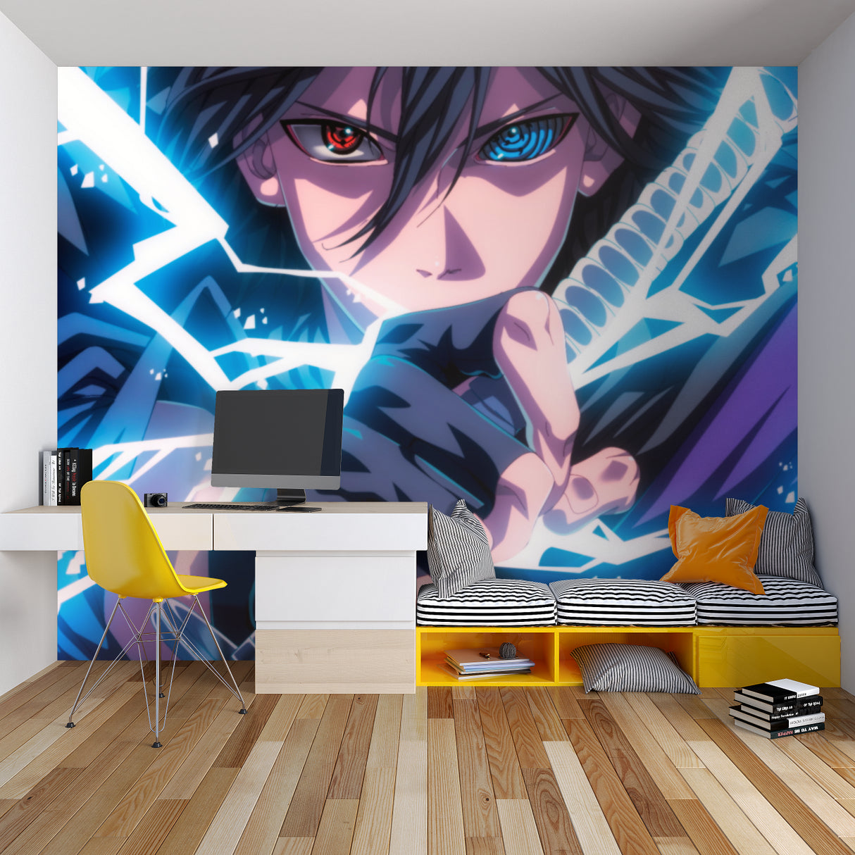 Blue lightning anime wallpaper transforming a study space with dynamic energy