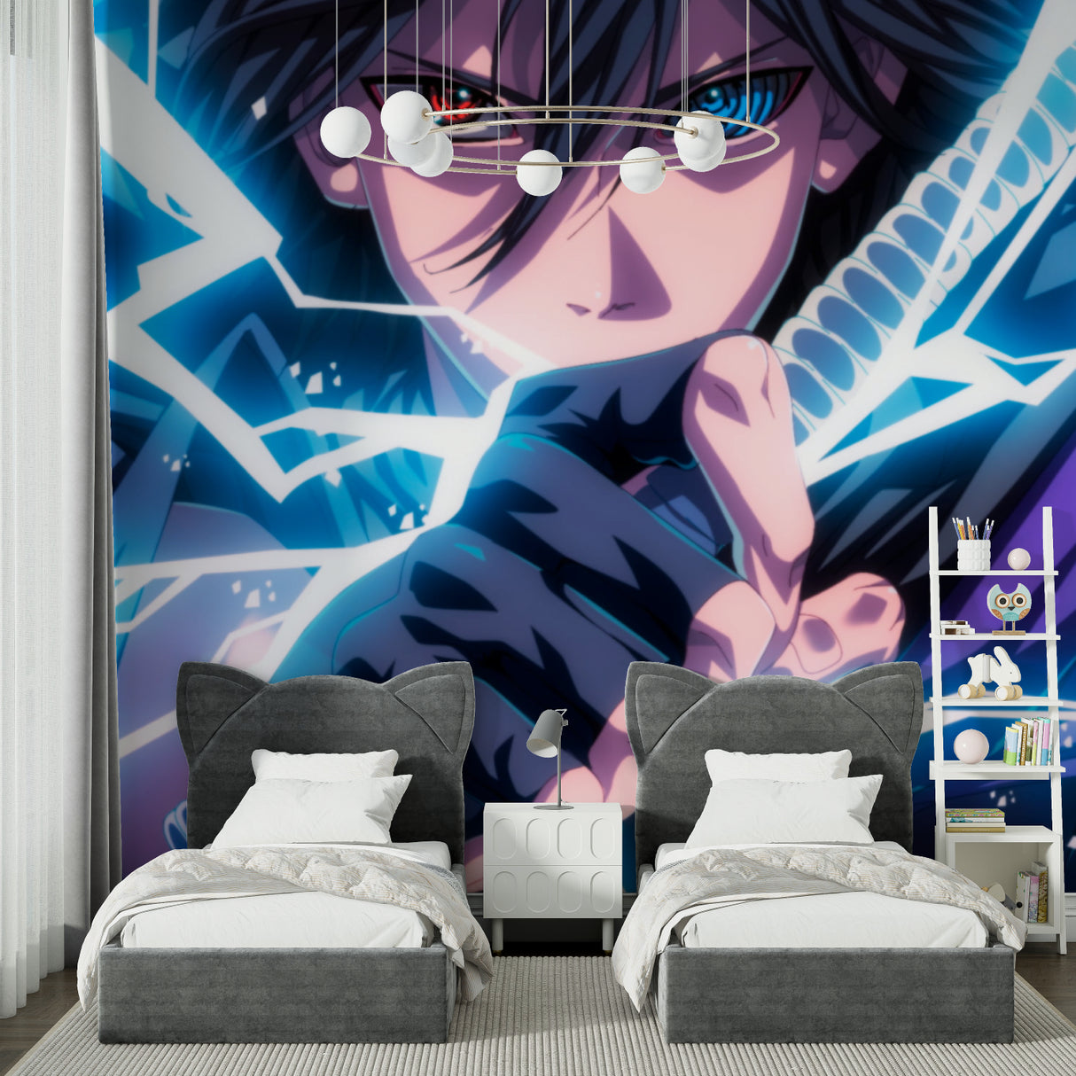Anime warrior mural adding character to a media room with dramatic lighting