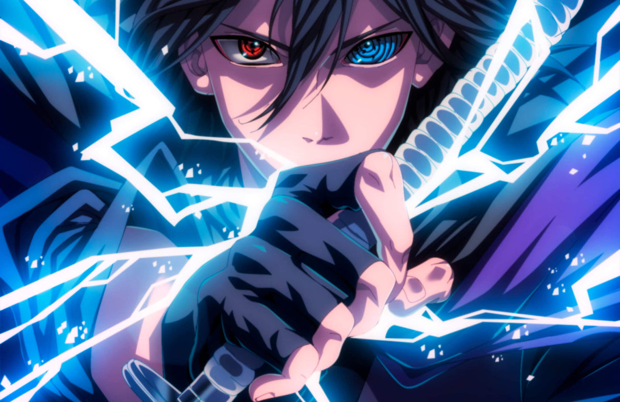 High-resolution design file of Mystic Warrior with striking blue lightning effects and dual-colored eyes